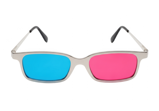 A pair of anaglyph 3d glasses with cyan and magenta lenses isolated on transparent background