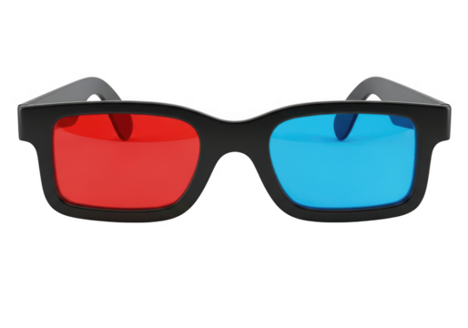 Classic black frame anaglyph 3d glasses with red and cyan lens for stereoscopic movie viewing isolated on transparent background