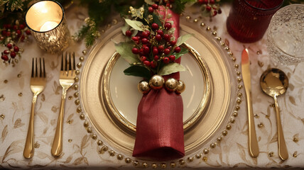 Christmas holiday dinner table place setting featuring gold cutlery, red napkin, and festive berry decoration