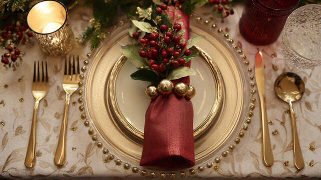 Christmas holiday dinner table place setting featuring gold cutlery, red napkin, and festive berry decoration