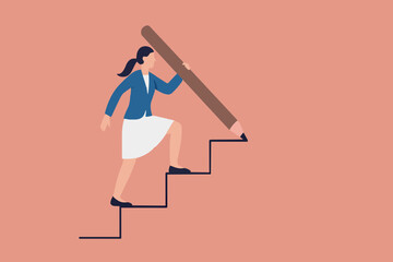 Business development successful, strategy to reach business target or career path achievement concept, smart businessman use huge pencil to draw rising up staircase and walk climbing up ladder.
