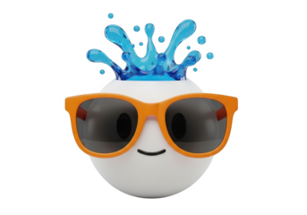 Cute 3d rendering of a white sphere character wearing orange sunglasses with a blue water splash on top, isolated on transparent background
