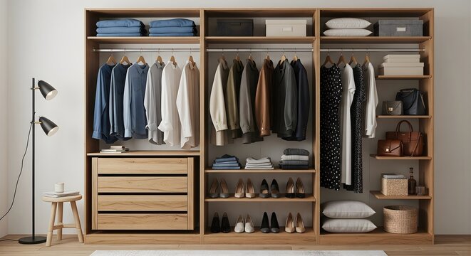 Wooden Wardrobe with Clothes and Accessories in Modern Interior Featuring Clothing Hanging on Rods Shelves with Folded Items and Shoe Racks for Organized Home Storage Solutions - Powered by Adobe