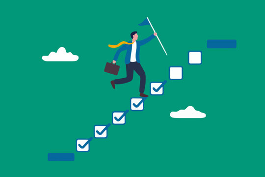 Progression from start to success, development or improvement, challenge to progress and win competition, tasks completion to finish project, businessman step on checklist to progress to target.