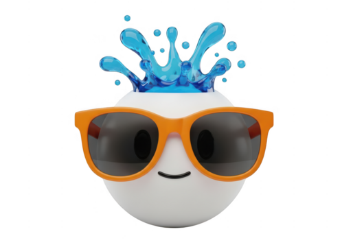 Cute 3d rendering of a white sphere character wearing orange sunglasses with a blue water splash on top, isolated on transparent background