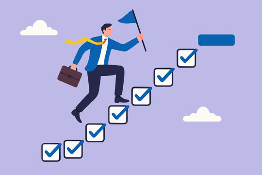 Progression from start to success, development or improvement, challenge to progress and win competition, tasks completion to finish project, businessman step on checklist to progress to target.