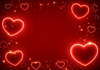 Glowing red hearts and sparkles border on dark red background neon light