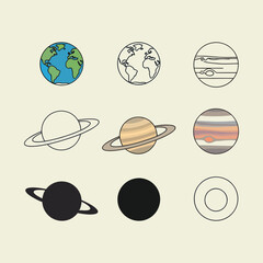 Fototapeta premium Collection of stylized planet icons including Earth Saturn and Jupiter in various styles vactor