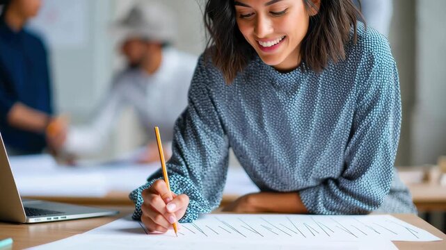 Cheerful indian people team coworker planning office workspace, young woman designer writing with pencil paper, focused young female architect modern office creative workspace design plan drafting