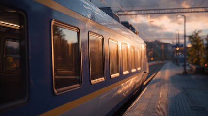 Obraz premium Passenger train standing on the railway at sunset. Warm golden light highlights the scene, symbolizing travel, transportation, and daily commuting