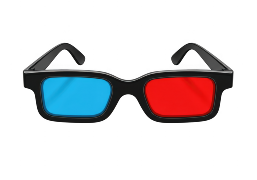 Classic red and blue anaglyph 3d glasses for viewing stereoscopic images isolated on transparent background