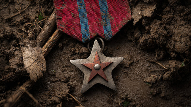 valor. An abandoned military medal lying in muddy ground, overcast daylight. lifestyle magazines, social media lookbooks, designed for influencer and brand collaborations, used by architects.
