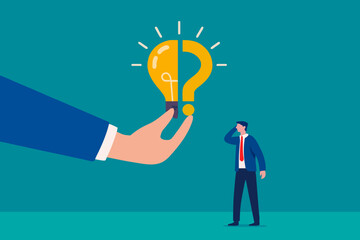 Business problem, idea, decision making and solution, job and career path concept, confusing businessman stand with question mark sign then helping hand put half of lightbulb lamp for bright solution.