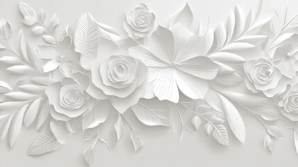 Flowers and leaves on white wall background, designed for invitations, advertisements, and creative works.