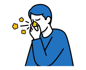 Illustration of a man sneezing into his hand, with yellow particles flying from his nose.