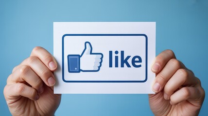 Get more likes! Hand holding a like sign with social media thumbs up icon against a blue background, perfect for marketing campaigns and viral growth