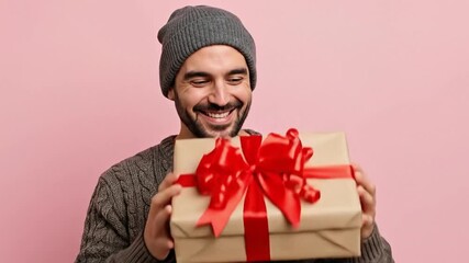 Happy young bearded Caucasian man in a grey beanie and knitted sweater, laughing joyfully while holding a festive gift box with a red bow against a pink studio background.