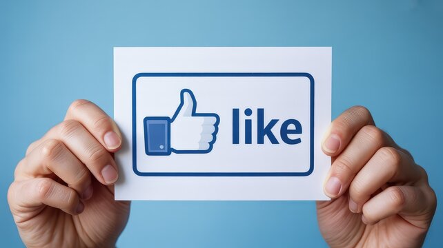 Get more likes! Hand holding a like sign with social media thumbs up icon against a blue background, perfect for marketing campaigns and viral growth