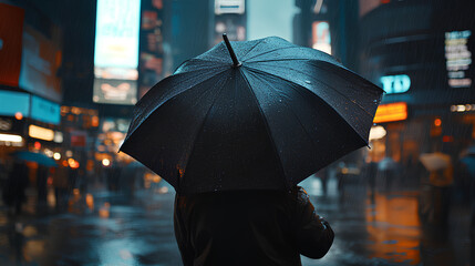 woman holding a black umbrella in the middle of the road