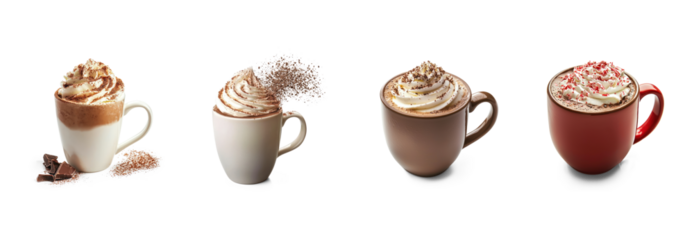 Four different types of hot chocolate in mugs with whipped cream and sprinkles.