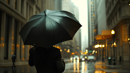 woman holding a black umbrella in the middle of the road