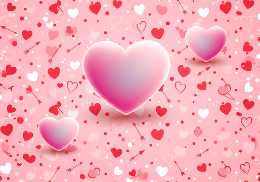 Pink and red hearts with arrows and dots on a soft pink background love valentine