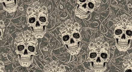 Seamless gothic pattern with detailed sugar skulls wearing flower crowns intertwined with thorny vines for a Day of the Dead theme.