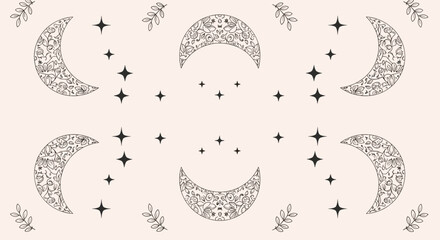 Delicate celestial pattern featuring ornamental crescent moons with floral details, stars, and leaves on a soft pastel background.