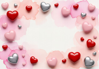Pink and red hearts with watercolor splashes on white background Keywords: heart, love, valentine isolated on a transparent background