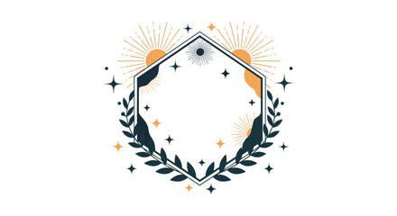 Mystical hexagonal frame decorated with celestial sunbursts, stars, and botanical leaves in an elegant, modern boho aesthetic.