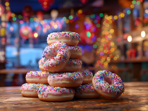 Icing sugar donuts with rainbow sprinkles , Christmas theme.