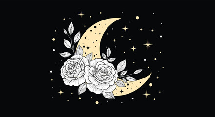 Elegant celestial illustration of a golden crescent moon adorned with white roses and leaves, surrounded by sparkling stars.