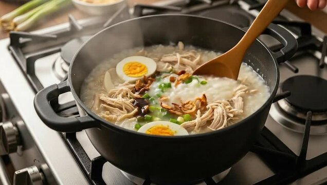 Delicious congee being stirred with a wooden spoon in a pot on a stovetop