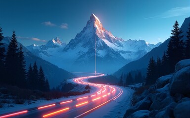 Digital mountain route. Digital technology transformation, overcoming difficulty, achieve business goals, striving for career growth and achievement, strategic plan to reach aims, success concept