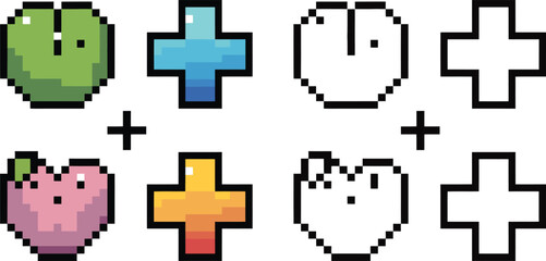 Obraz premium Pixel art green leaf blue cross pink heart yellow cross and outline shapes vactor retro game