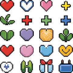 Fototapeta premium Pixel art icons of hearts plus signs leaves and gift box vactor leaf