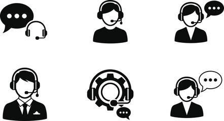Customer support headset icons, call center operator symbols, technical support assistance graphics, communication service helpline silhouettes, customer service agent illustrations