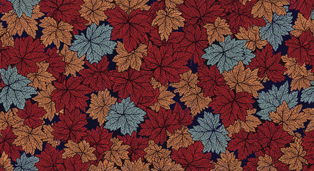 Dense seamless pattern of overlapping, textured maple leaves in a rich autumn color palette of red, orange, and cool blue.
