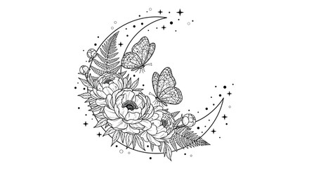 Fototapeta premium Mystical crescent moon illustration filled with beautiful peonies and fern leaves, with two butterflies fluttering in a starry sky.