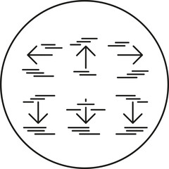 Minimal line arrow icons showing direction movement, navigation, upload and download symbols inside circular frame for interface and UI design