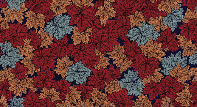 Dense seamless pattern of overlapping, textured maple leaves in a rich autumn color palette of red, orange, and cool blue.