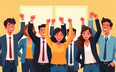 Group of business workers smiling happy. Standing with fists up at the office. The concept of success and luck in business. Illustration for cover, card, postcard, interior design, decor or print.