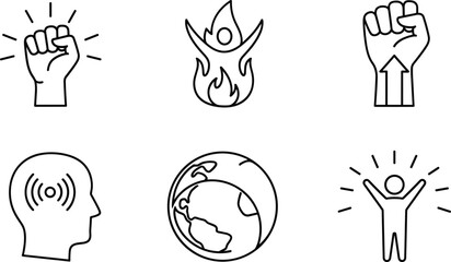 Motivation and empowerment icon set featuring raised fists, human energy, mental focus, global unity and inspirational success symbols in simple line style
