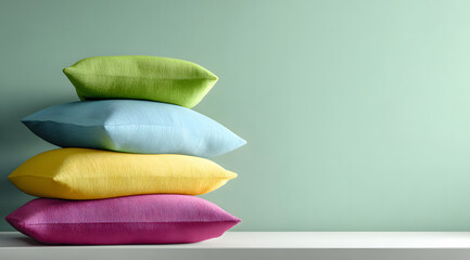 Colorful decorative plush Stackable pillows arranged on clean white side table, set against vibrant bright blue wall, creating contemporary, inviting