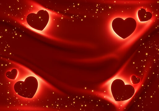 Red hearts with glowing outlines on draped red fabric and gold glitter Keywords: heart, love isolated on a transparent background