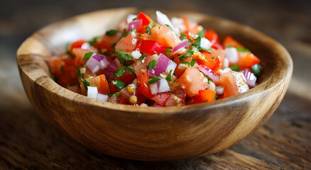 wooden bowl filled with fresh salad topped with parmesan and pico de gallo made of tomato, red pepper, onion, placed on rustic table background, showcasing natural ingredients