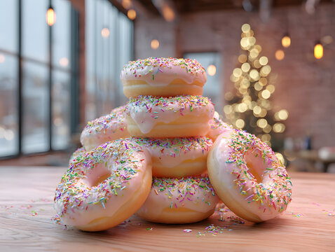 Icing sugar donuts with rainbow sprinkles , Christmas theme.