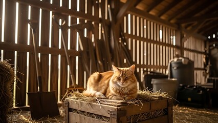 Ginger cat resting on a wooden crate in a barn.
