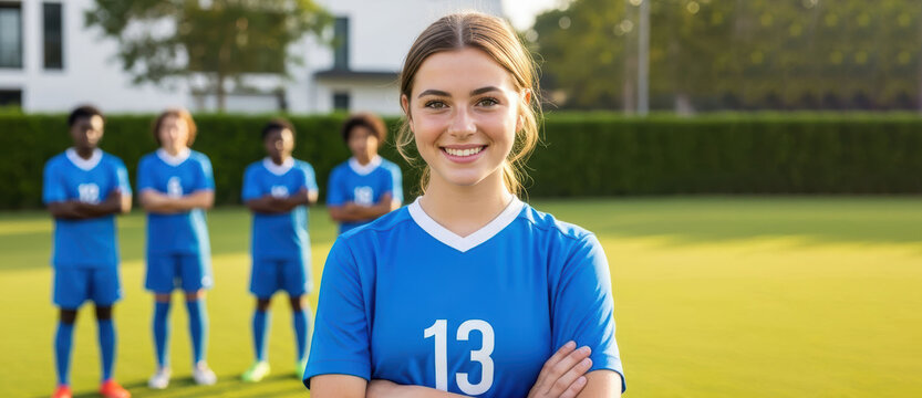 Young Female Football Player in Blue kit With Her Teamates in Field , Training, paracticing, College Team 
