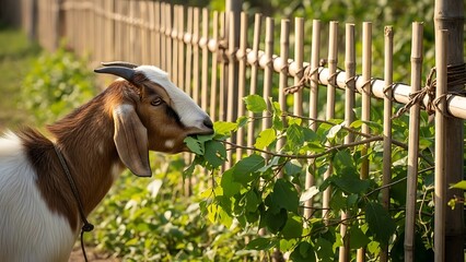 Goat eating leaves near a wooden fence in a sunny environment.